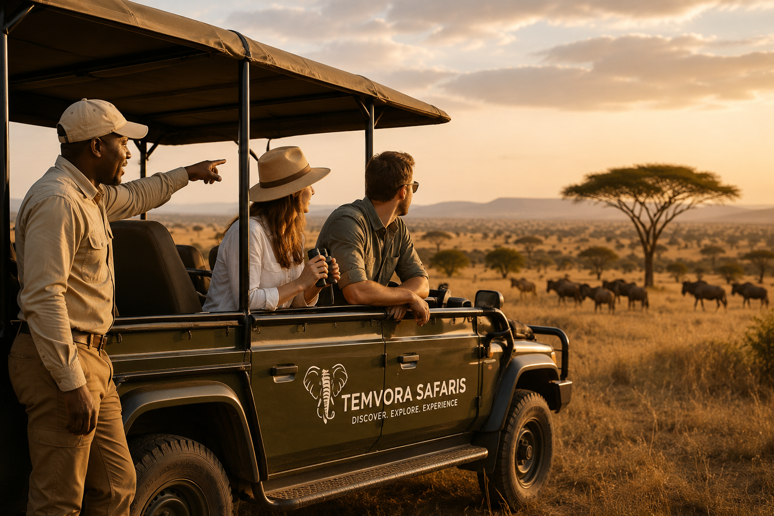 Temvora Safaris guide with guests enjoying a luxury safari experience in Tanzania.